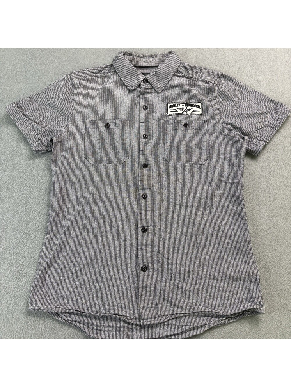 Harley Davidson Motorcycles Pinstripe Button Up Work Shirt Size Medium Gray